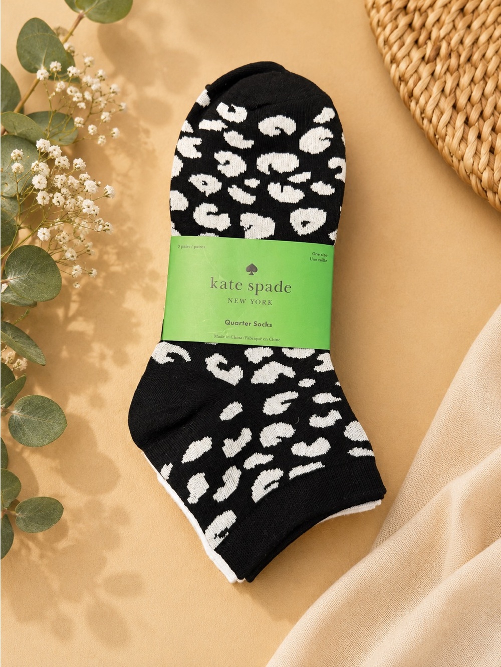kate spade Black and White Leopard Print Quarter Socks